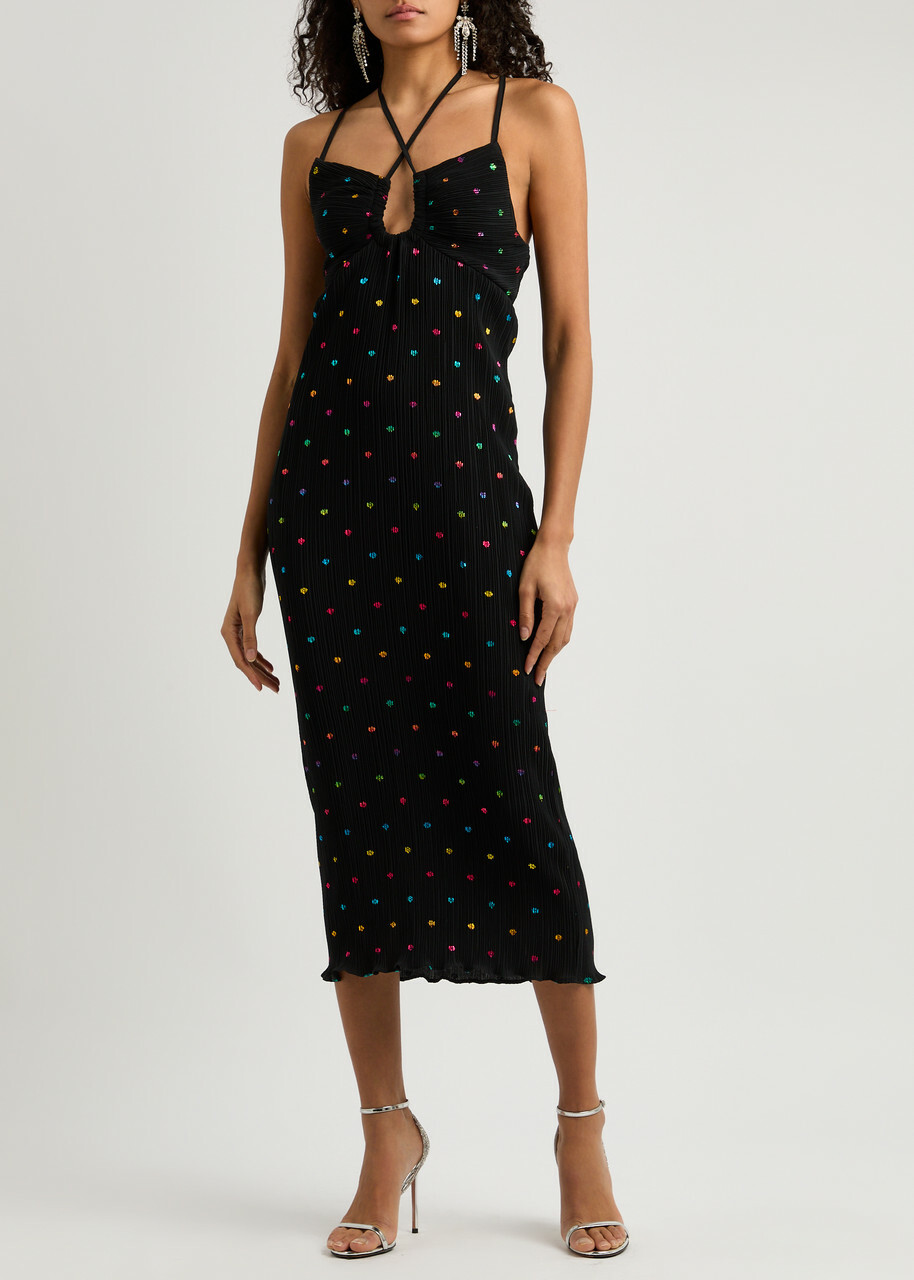 Never Fully Dressed Megan Plissé Printed Chiffon Midi Dress Black