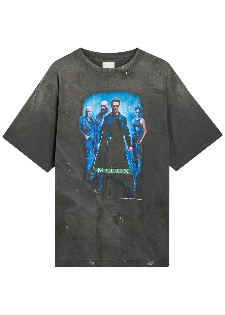 Saint Mxxxxxx The Matrix Printed Distressed Cotton T-shirt Black