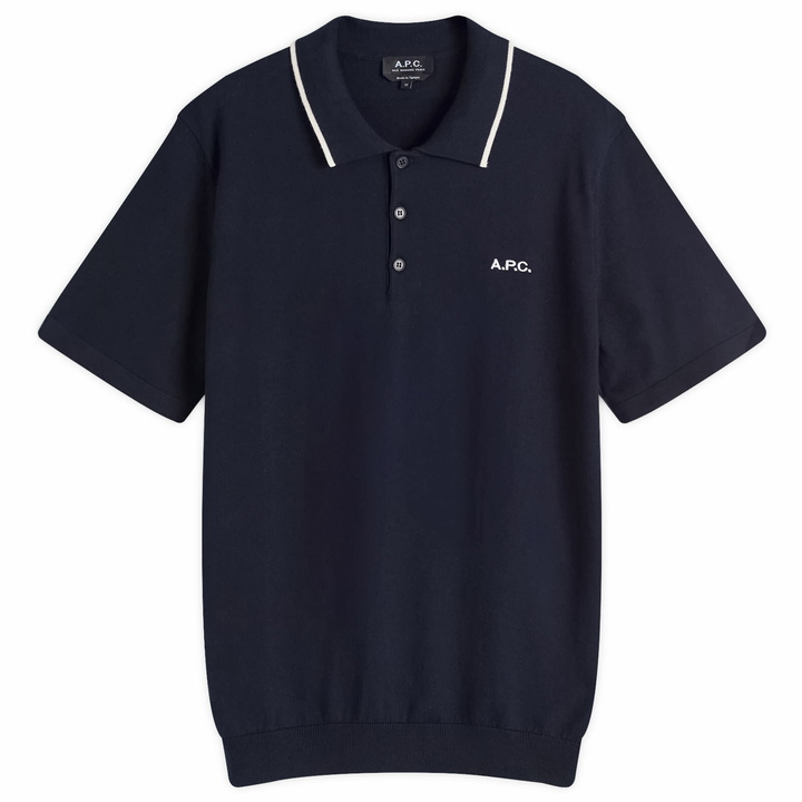 Photo: A.P.C. Men's Fynn Tipped Knit Polo Shirt in Marine/White