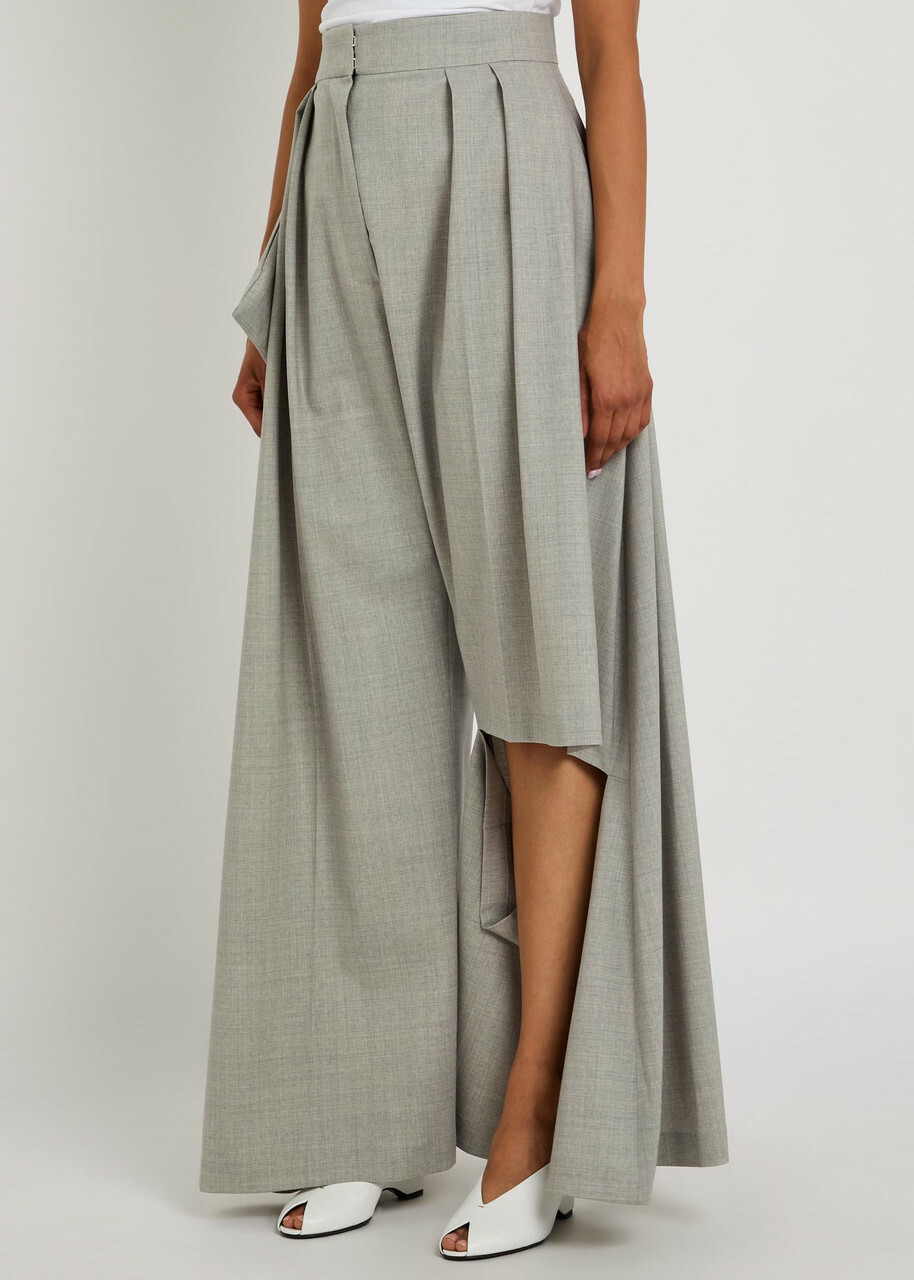A.W.A.K.E Mode Cut-out Wide-leg Stretch Wool Trousers Light Grey