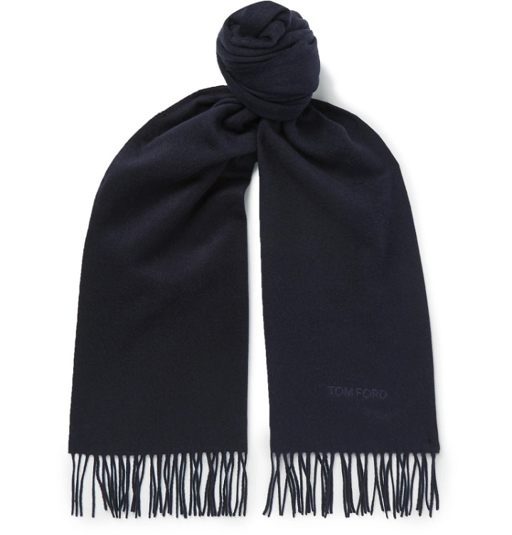 Photo: TOM FORD - Fringed Logo-Embroidered Brushed-Silk Scarf - Blue