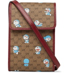 GUCCI - Doraemon Leather-Trimmed Printed Monogrammed Coated-Canvas Messenger Bag - Brown