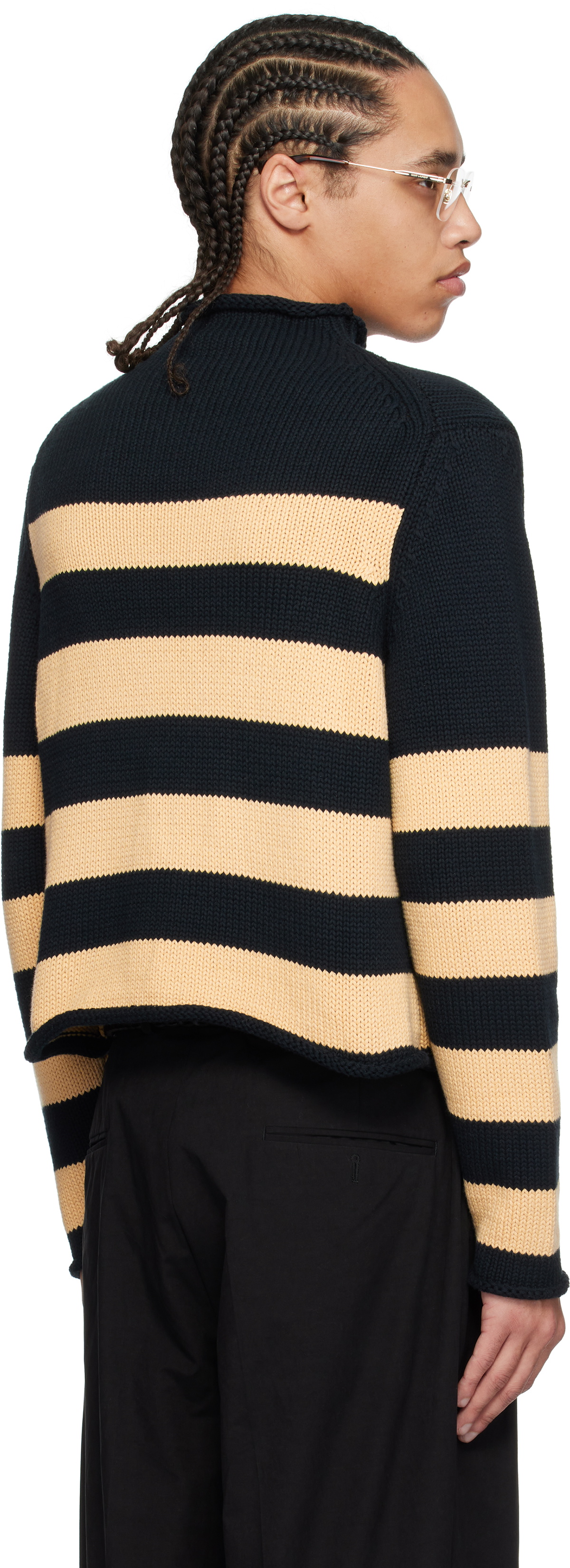 Carter Young Navy & Beige Striped Roll Neck Sweater