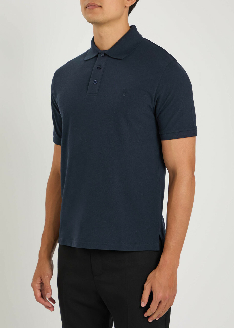 Saint Laurent Logo-embroidered Piqué Cotton-blend Polo Shirt Navy