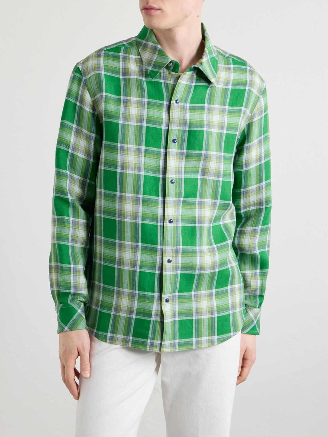 God's True Cashmere - Harbor Checked Linen Shirt - Green