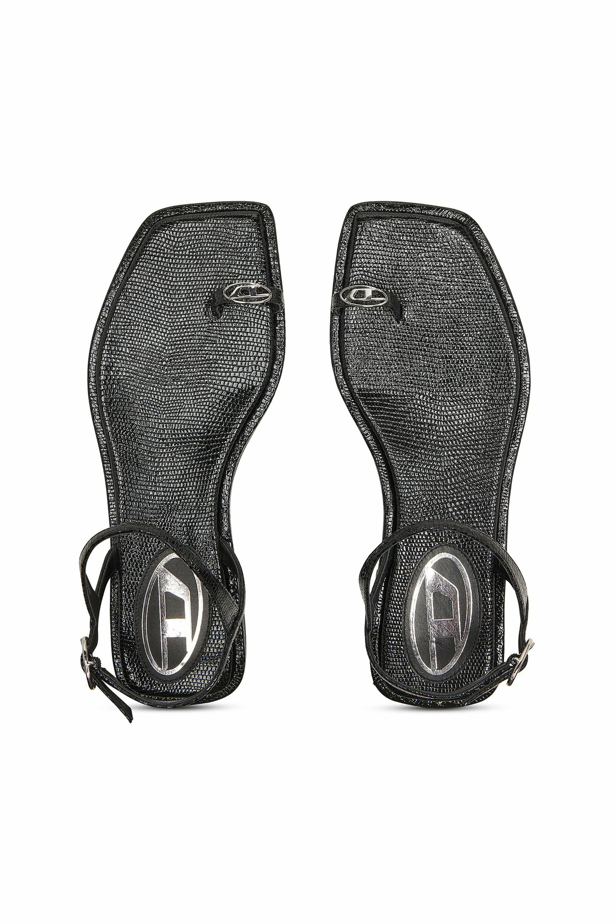 Diesel D-AMBER - Sandal in leather with metallic logo - Sandals Womens in Black