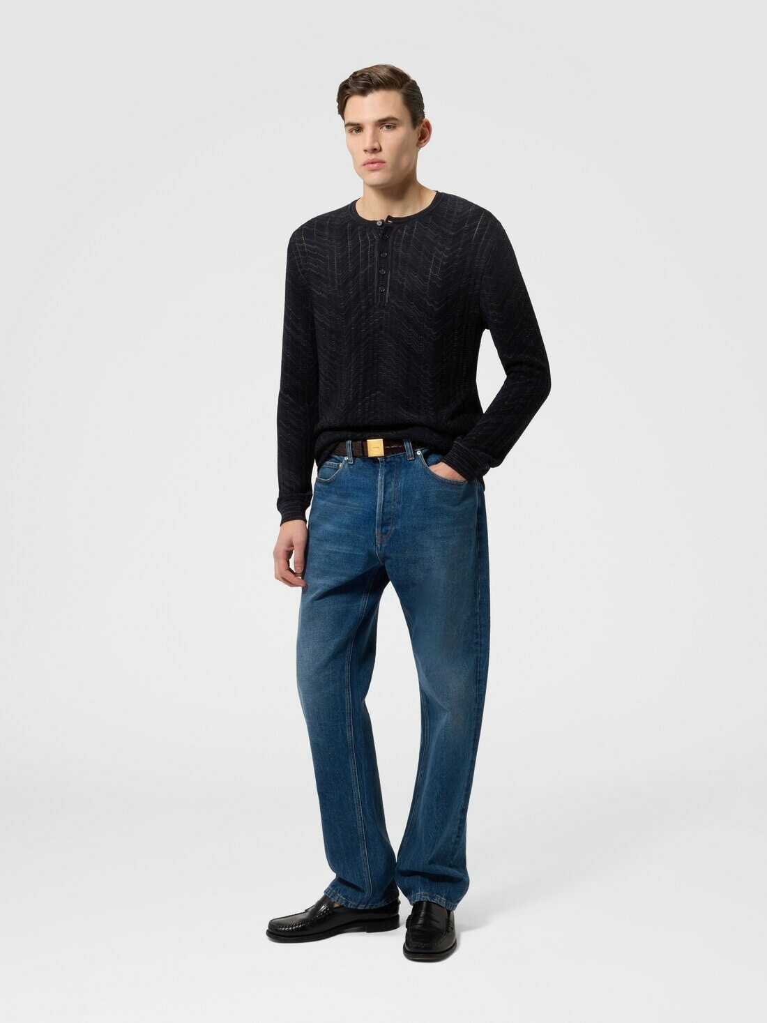 Missoni - Long-sleeve viscose and cotton henley shirt, Men, Black & Grey