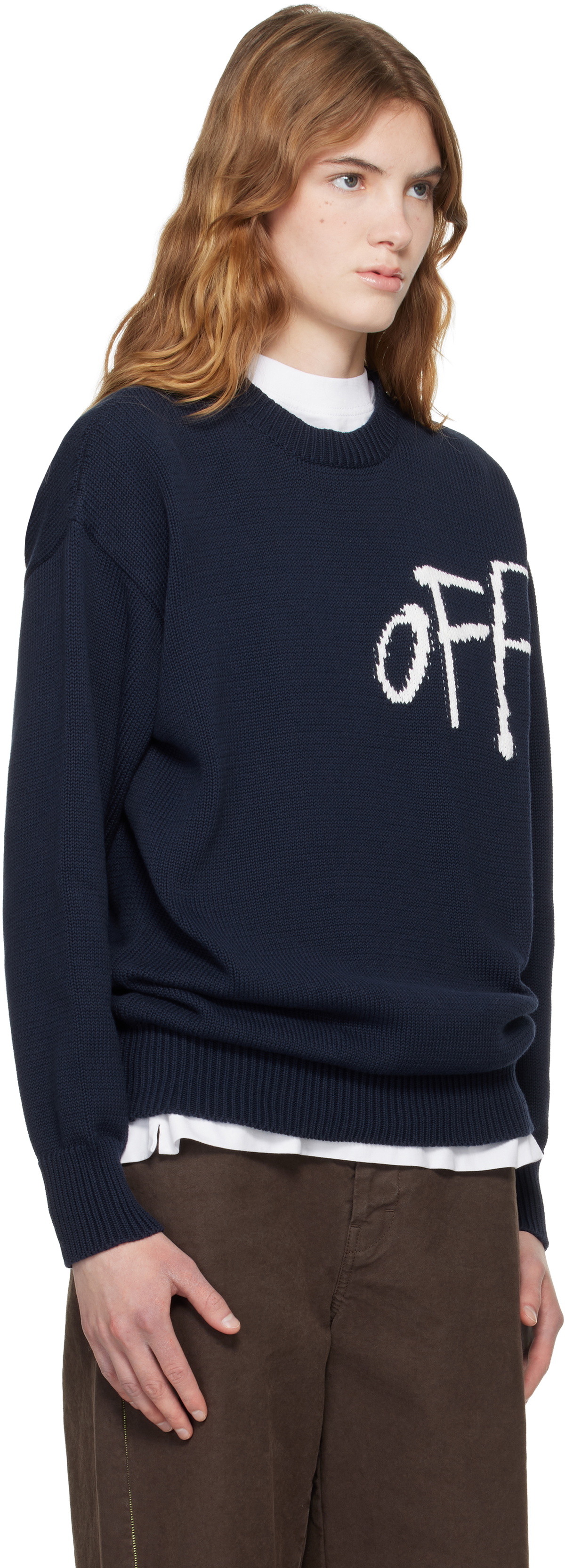 Off-White Navy Bookish Shared Cotton Knit Crewneck Sweater