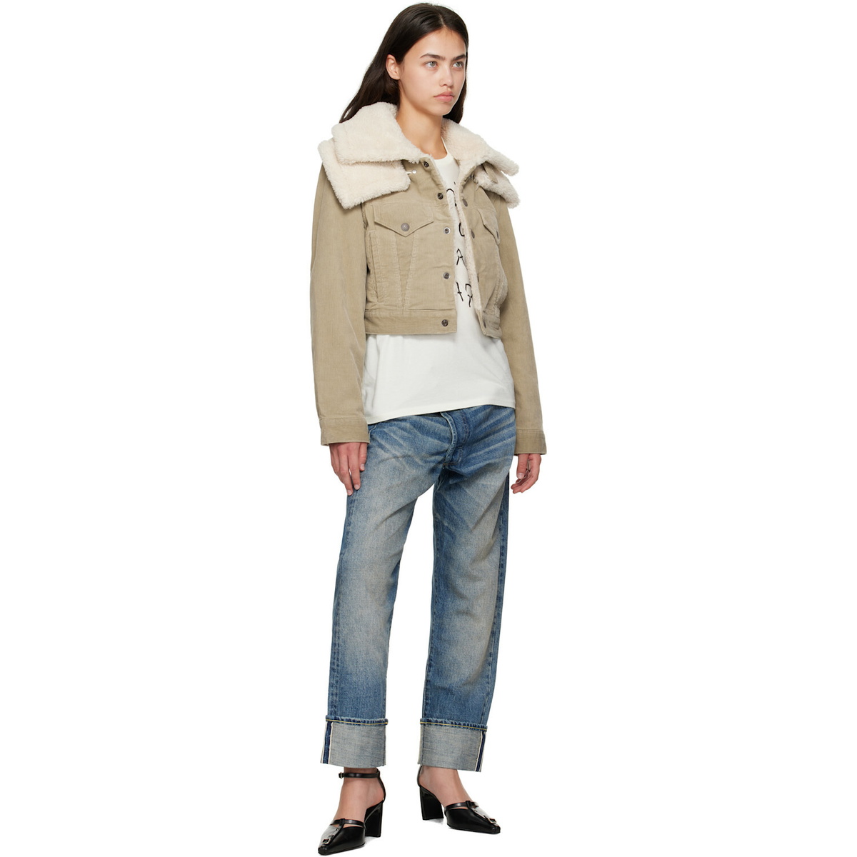 R13 Taupe Double Collar Sherpa Trucker Jacket