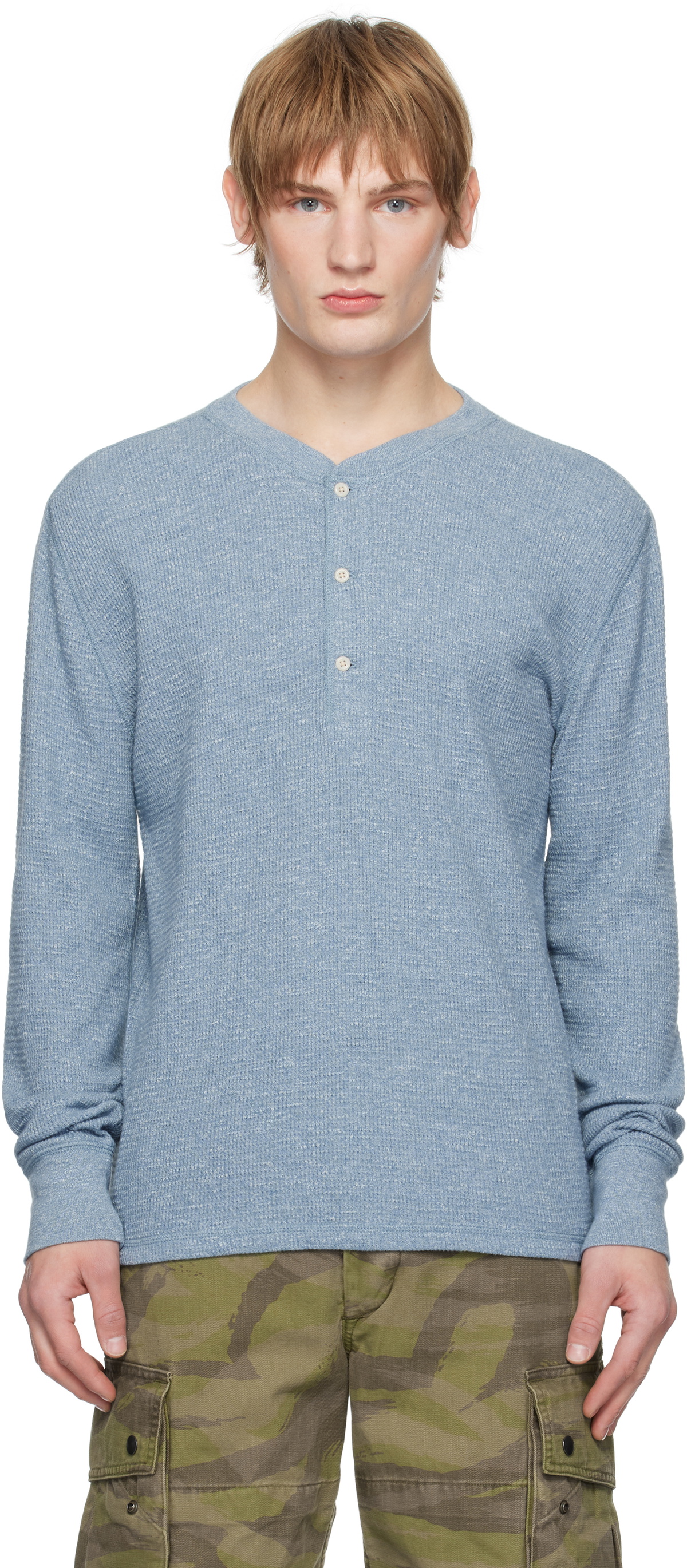 RRL Blue Garment-Dyed Waffle-Knit Henley RRL