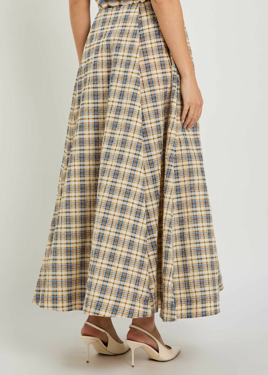 Bernadette Kennedy Plaid Seersucker Maxi Skirt Beige