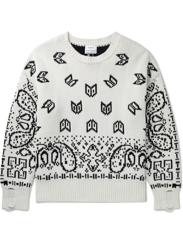 Photo: RHUDE - Distressed Cotton and Cashmere-Blend Jacquard Sweater - White