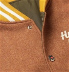 Human Made - Reversible Leather-Trimmed Logo-Appliquéd Melton Wool-Blend and Satin Bomber Jacket - Brown