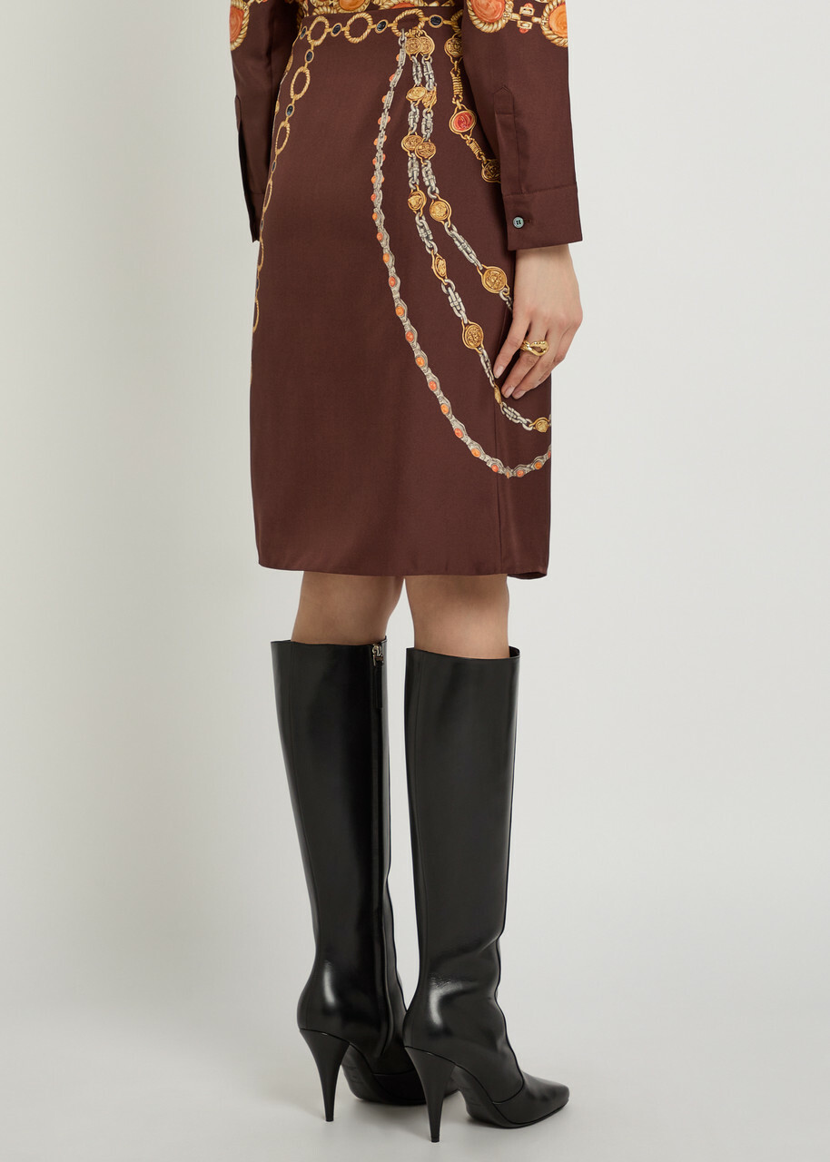 Versace Printed Silk Midi Skirt Brown