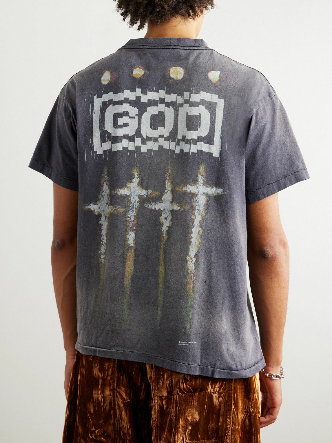 SAINT Mxxxxxx - FORSOMEONE Saint Printed Distressed Cotton-Jersey T-Shirt -  Gray SAINT Mxxxxxx