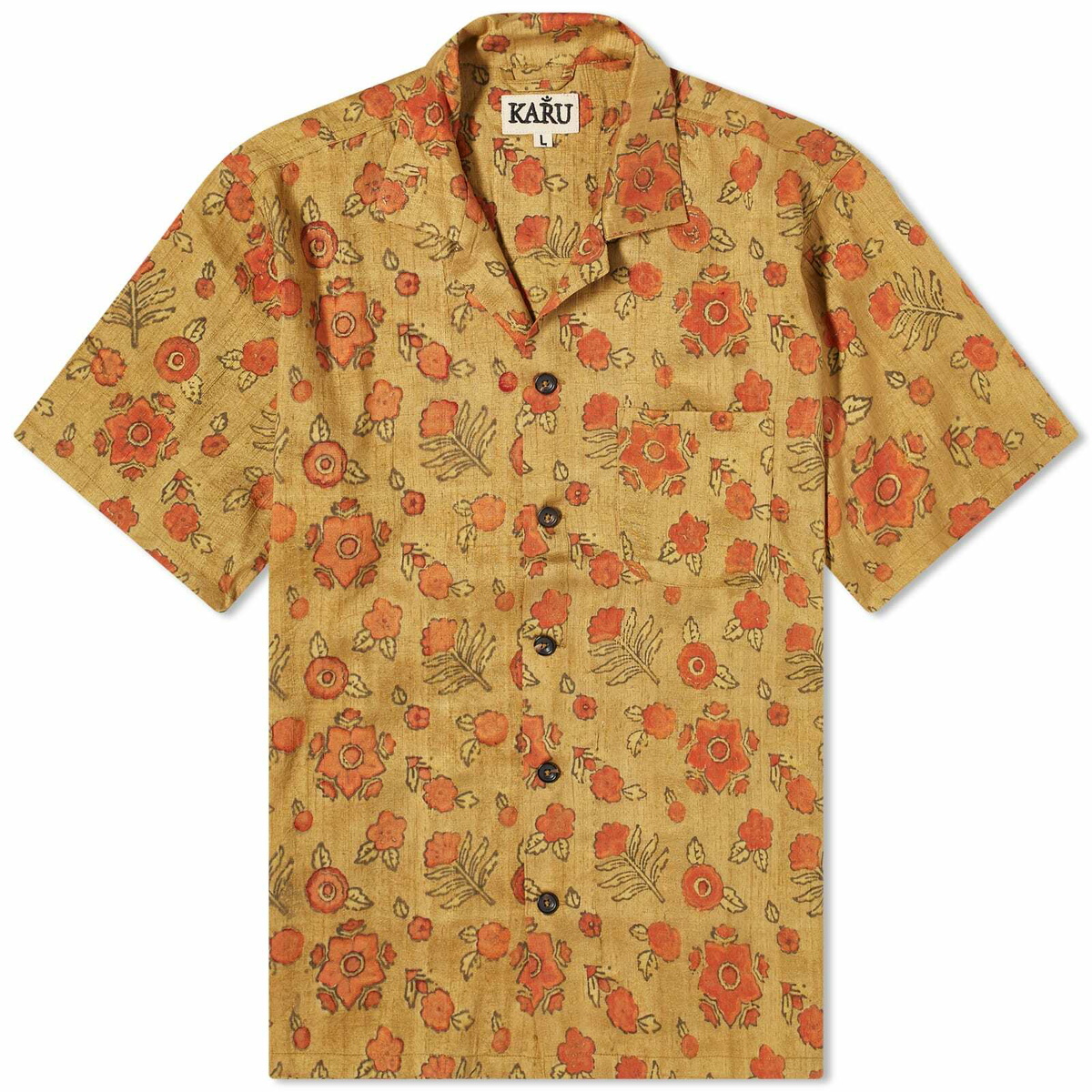 Karu Research Men's Handblock Printed Vacation Shirt in Olive/Black