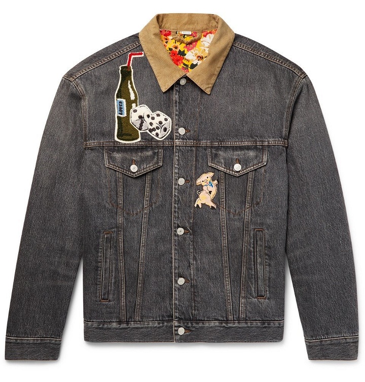 Photo: Gucci - Corduroy-Trimmed Appliquéd and Printed Denim Jacket - Men - Gray