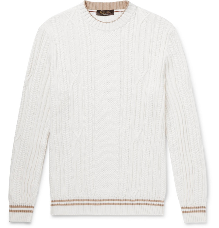 Photo: Loro Piana - Slim-Fit Striped Cable-Knit Cotton and Cashmere-Blend Sweater - White
