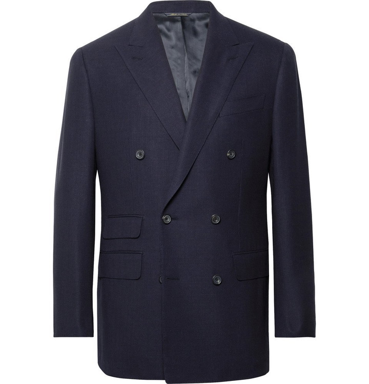 Photo: Thom Sweeney - Navy Slim-Fit Double-Breasted Wool-Hopsack Blazer - Navy