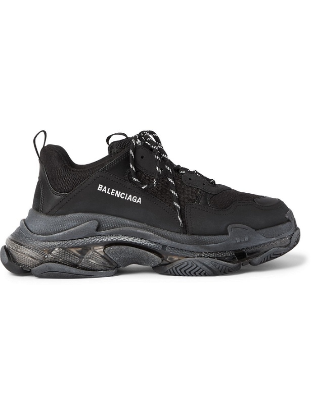 Photo: BALENCIAGA - Triple S Clear Sole Mesh, Nubuck and Leather Sneakers - Black
