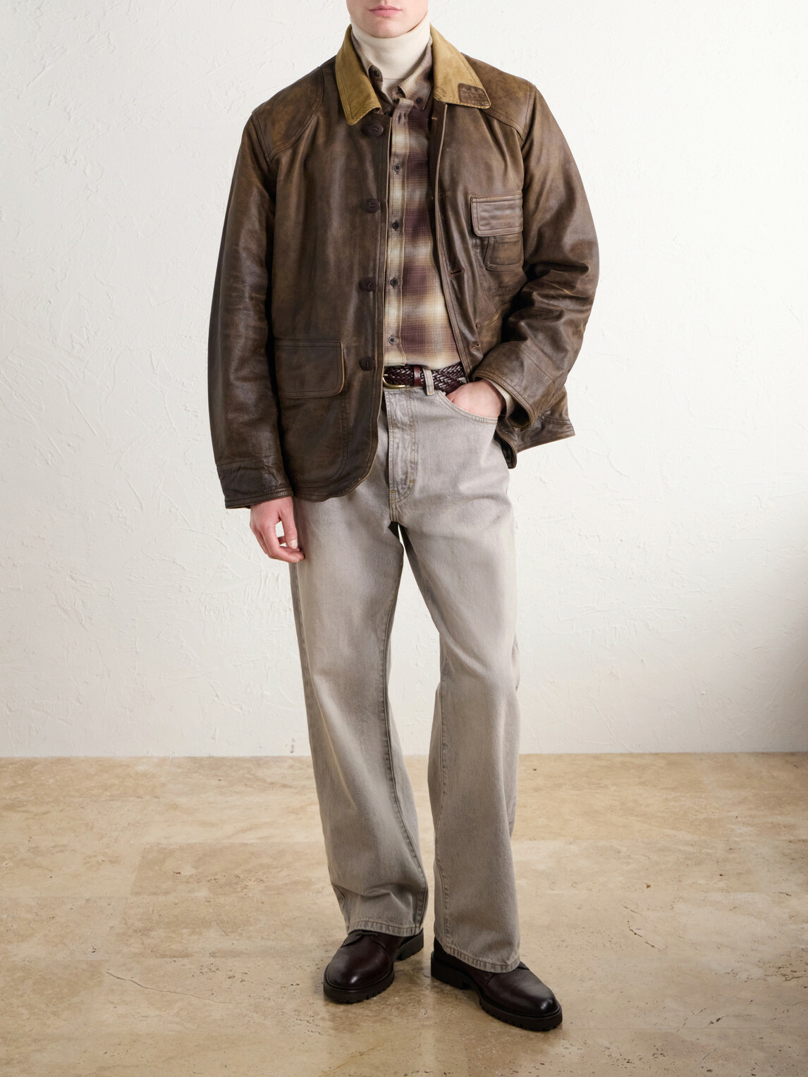 RRL - Corduroy-Trimmed Leather Jacket - Brown