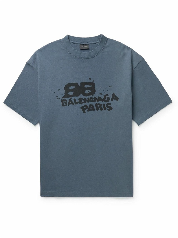 Photo: Balenciaga - Distressed Logo-Print Cotton-Jersey T-Shirt - Blue