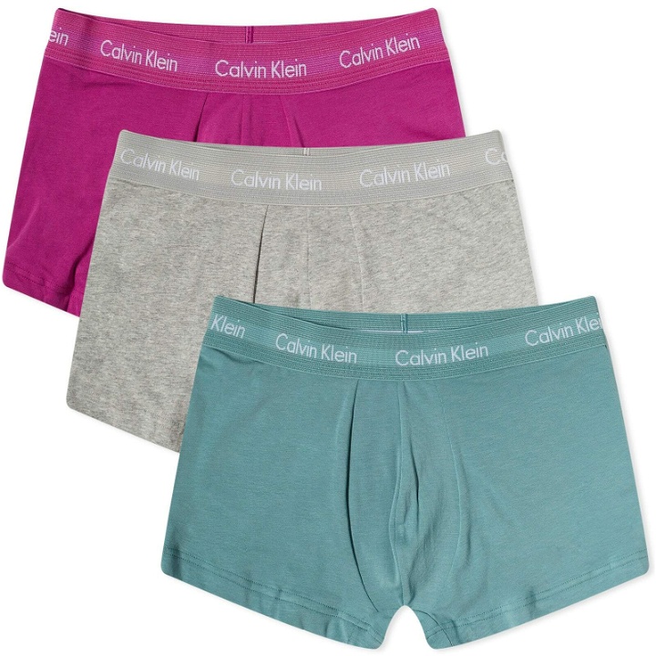 Photo: Calvin Klein Men's Low Rise Trunk - 3 Pack in Pink/Grey/Green