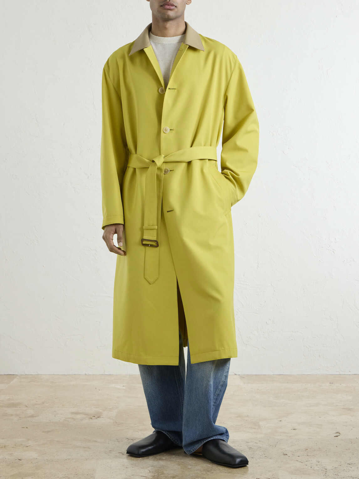 Auralee - Belted Leather-Trimmed Wool-Canvas Trench Coat - Yellow