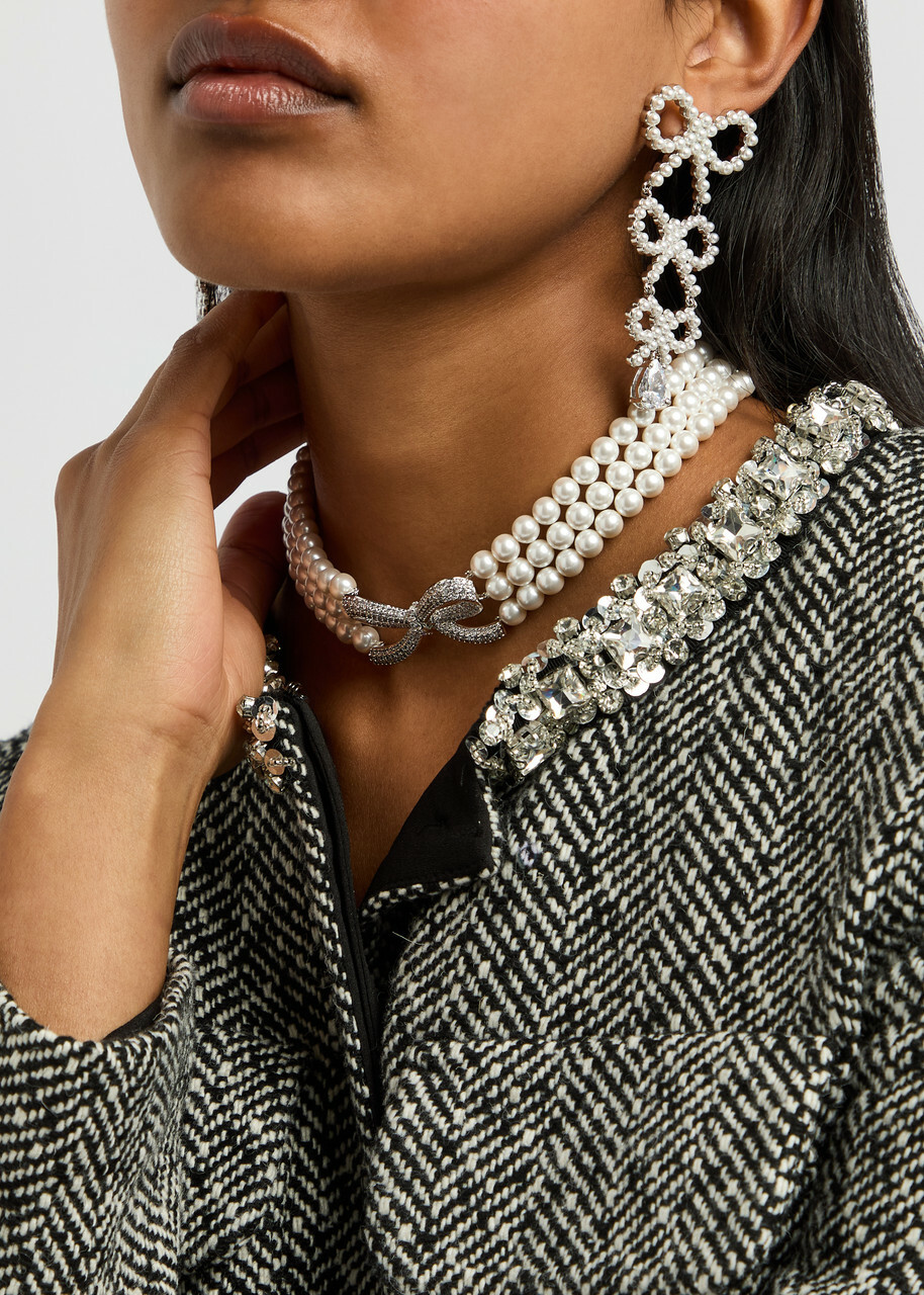 Self-portrait Faux-pearl and bow Choker - Silver - One Size