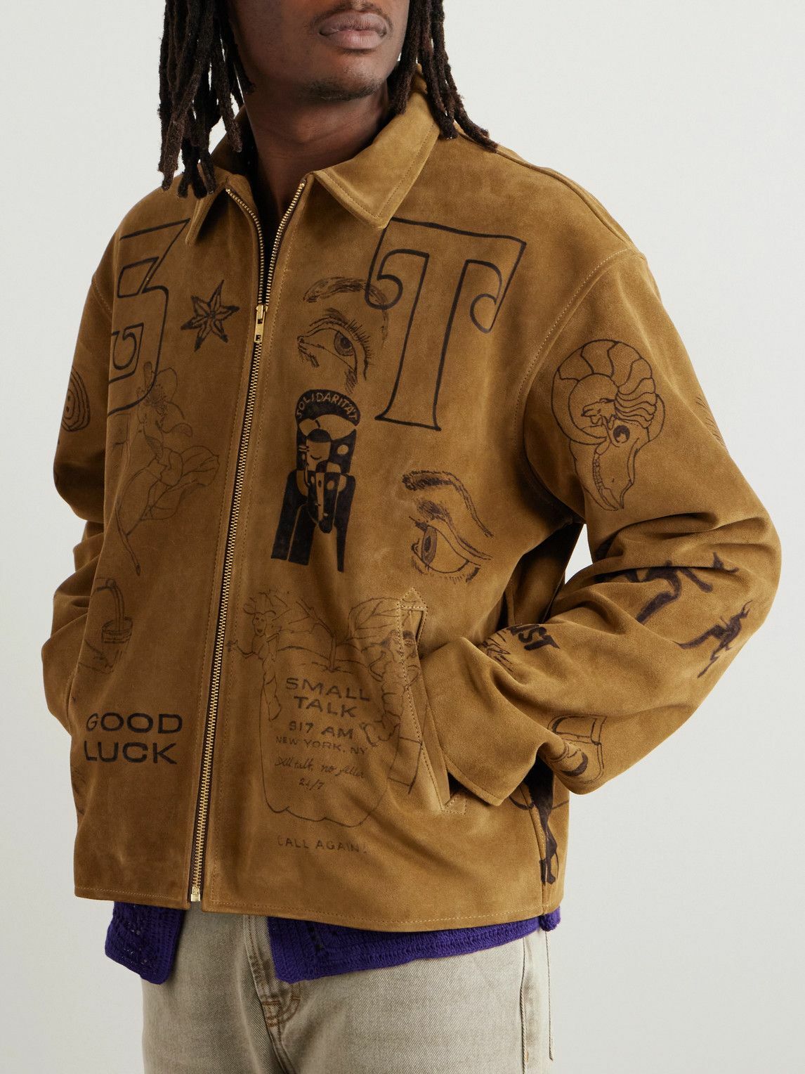 Small Talk - Printed Suede Blouson Jacket - Brown