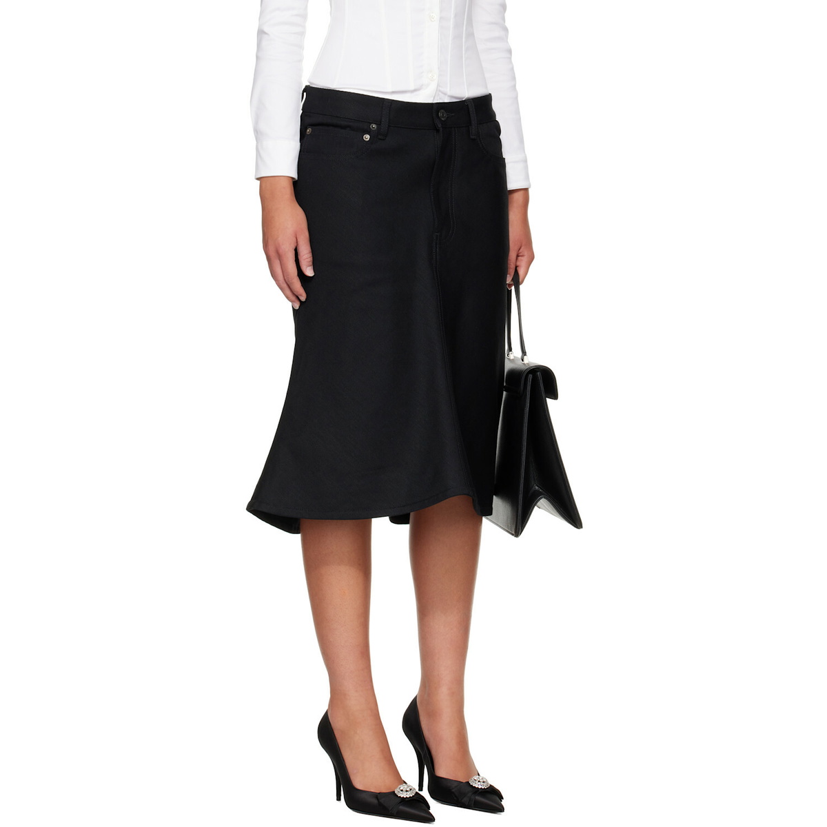 Balenciaga Black Flared Denim Midi Skirt