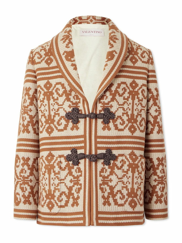 Photo: Valentino Garavani - Shawl-Collar Cotton and Linen-Blend Jacquard Cardigan - Brown