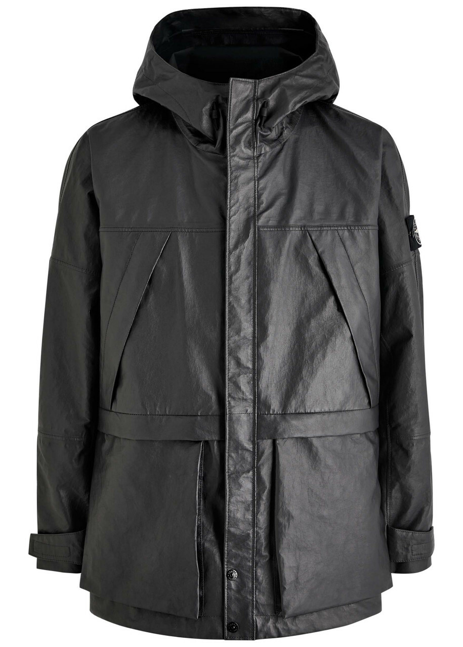 Stone Island Logo Panelled Hooded Leather Jacket Charcoal