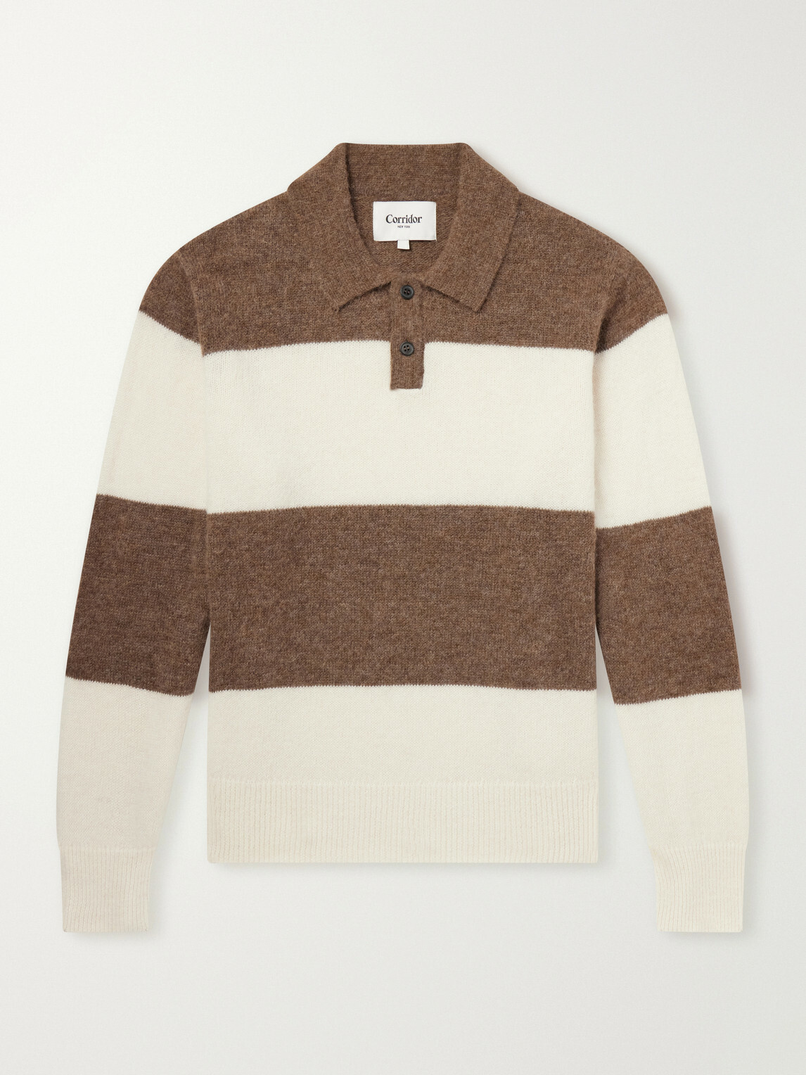 Corridor - Striped Woven Brushed Alpaca-Blend Polo Sweater - Brown
