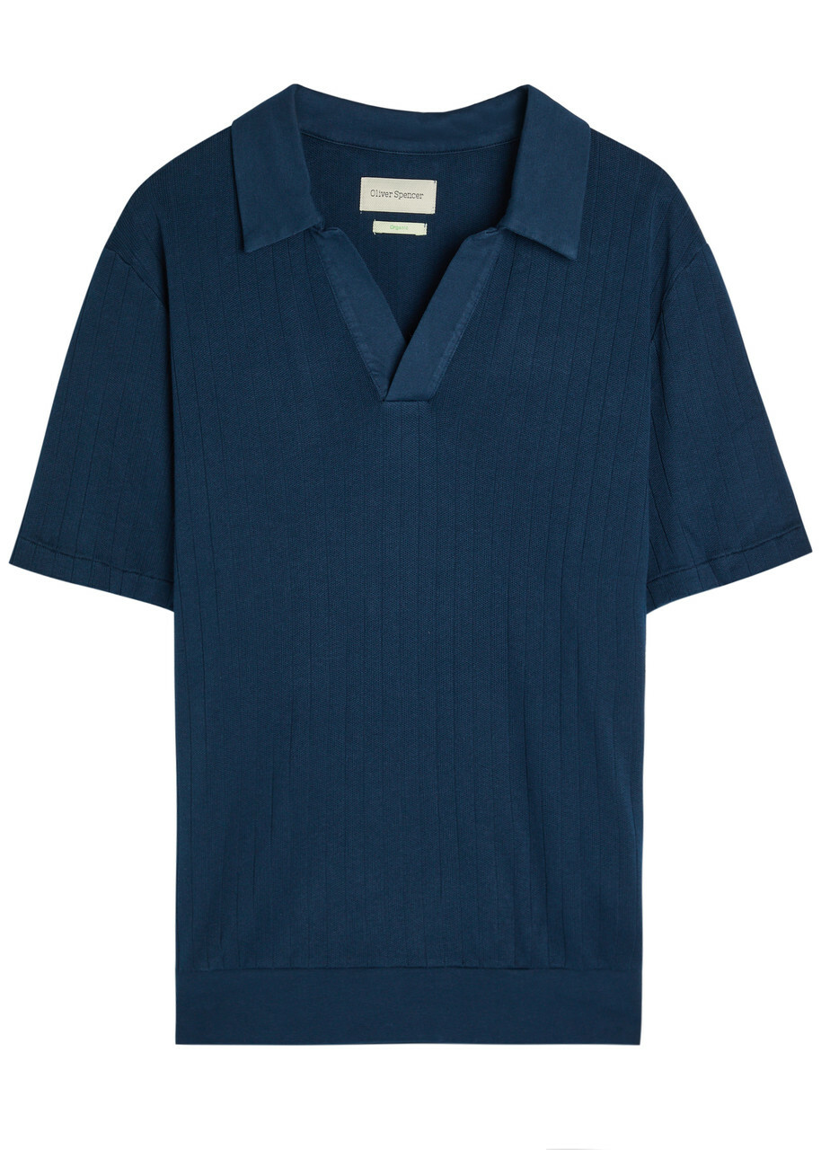 Oliver Spencer Fine-knit Ribbed Cotton Polo Shirt Navy