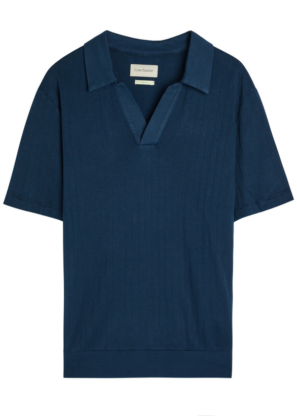 Photo: Oliver Spencer Fine-knit Ribbed Cotton Polo Shirt Navy