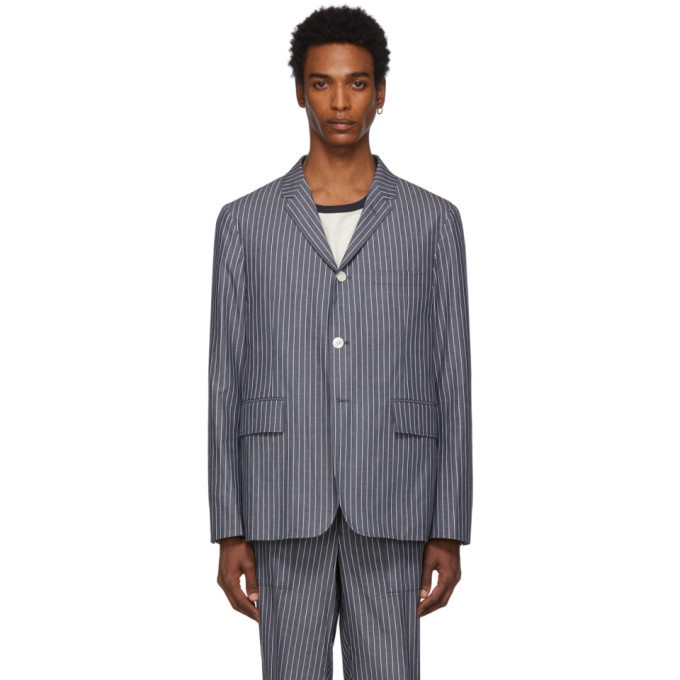 Photo: Thom Browne Navy and White Pinstriped Unconstructed Sport Blazer