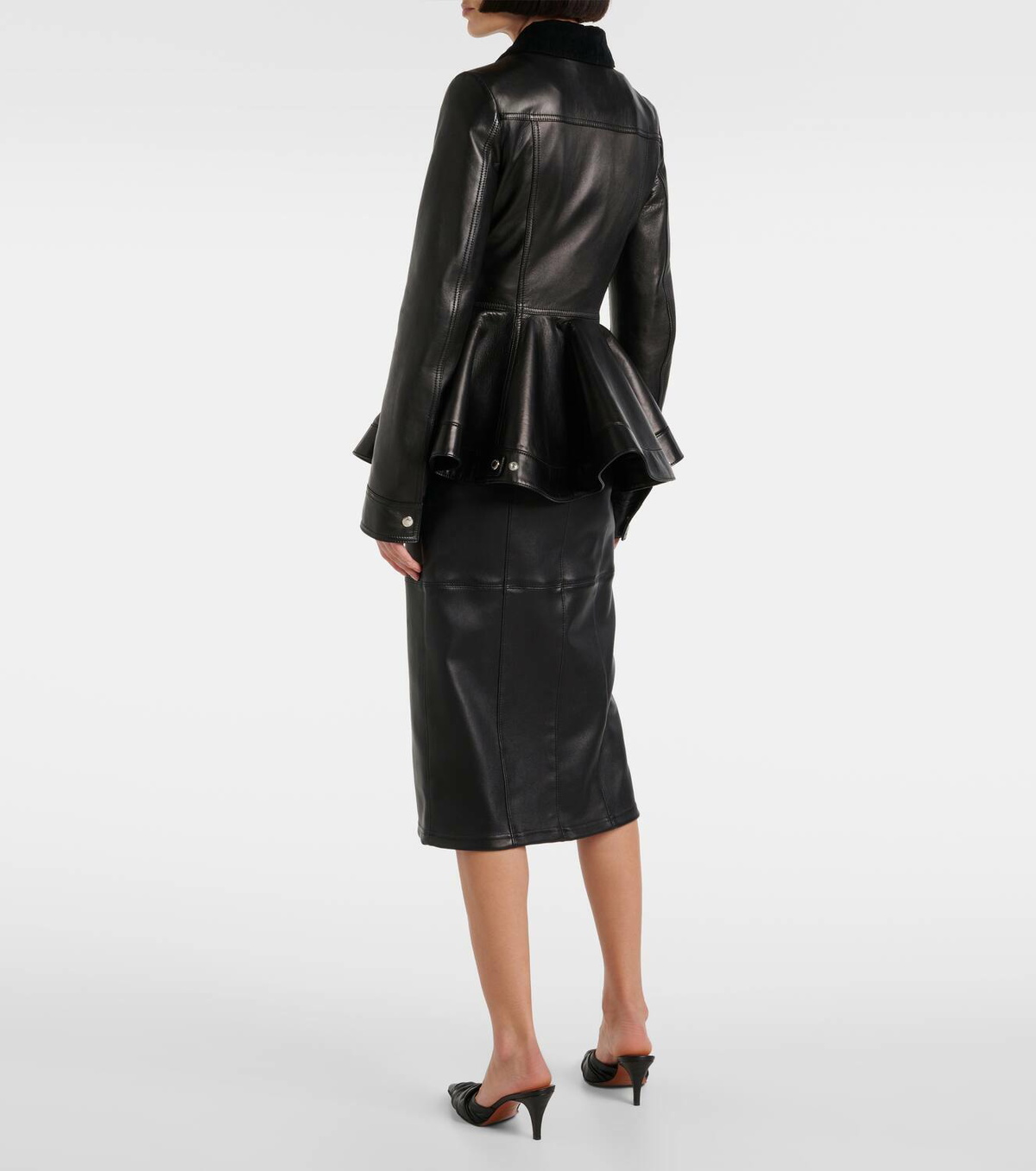 Alexander McQueen Corduroy-trimmed peplum leather jacket