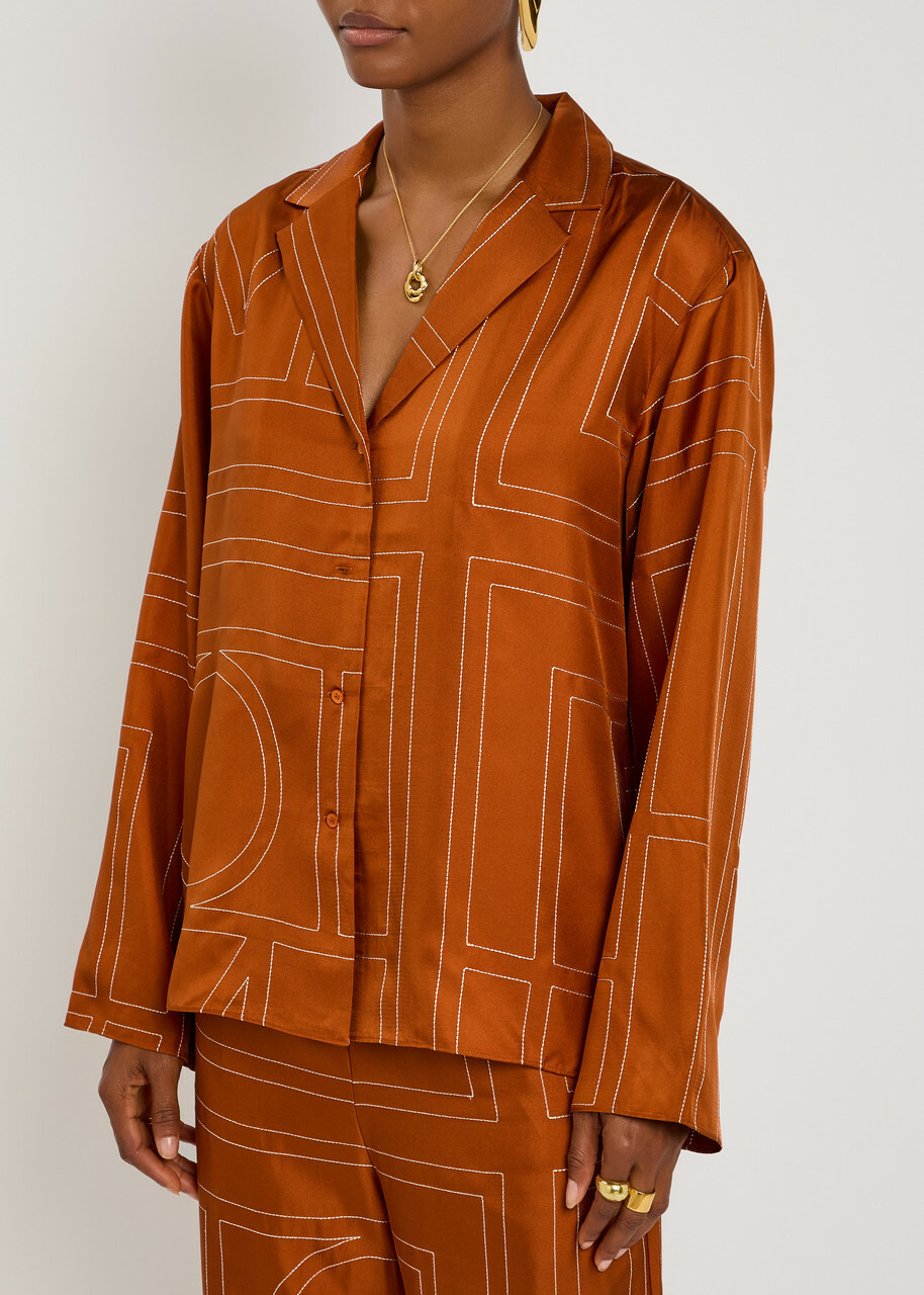 Toteme Logo-embroidered Silk-satin Shirt Terracotta