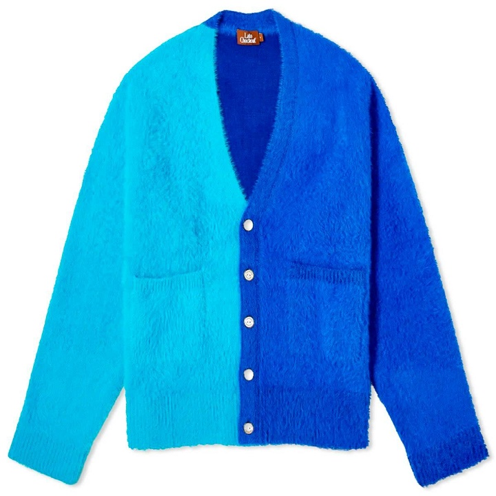 Photo: Late Checkout Men's Harlequin Fuzzy Cardigan in Blue
