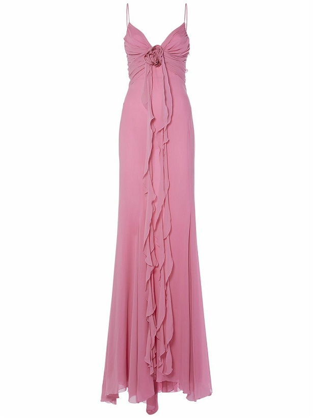 Photo: BLUMARINE Ruffled Silk Long Dress W/rose