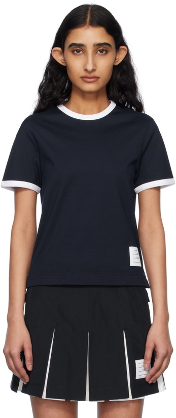 Photo: Thom Browne Navy RWB-Stripe Logo-Patch T-shirt