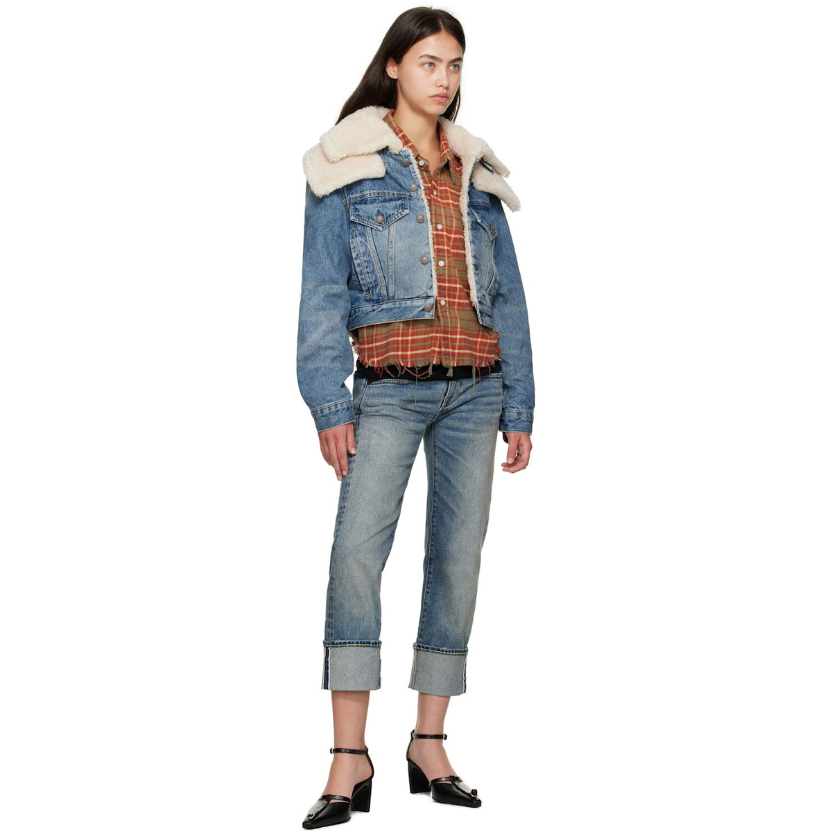 R13 Blue Double Collar Sherpa Denim Trucker Jacket