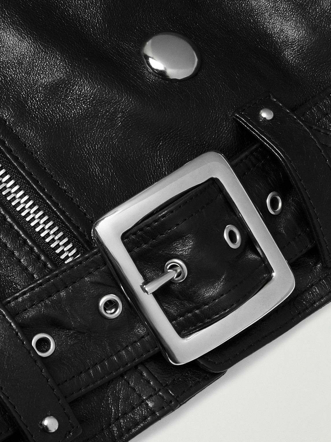 CELINE - Slim-Fit Studded Belted Leather Biker Jacket - Black