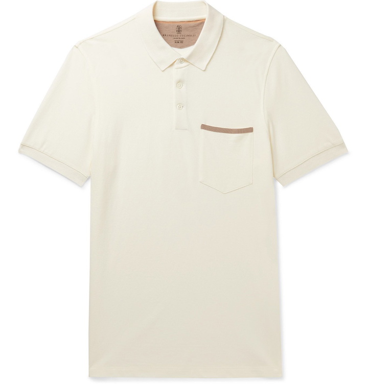 Photo: Brunello Cucinelli - Slim-Fit Grosgrain-Trimmed Cotton-Piqué Polo Shirt - White