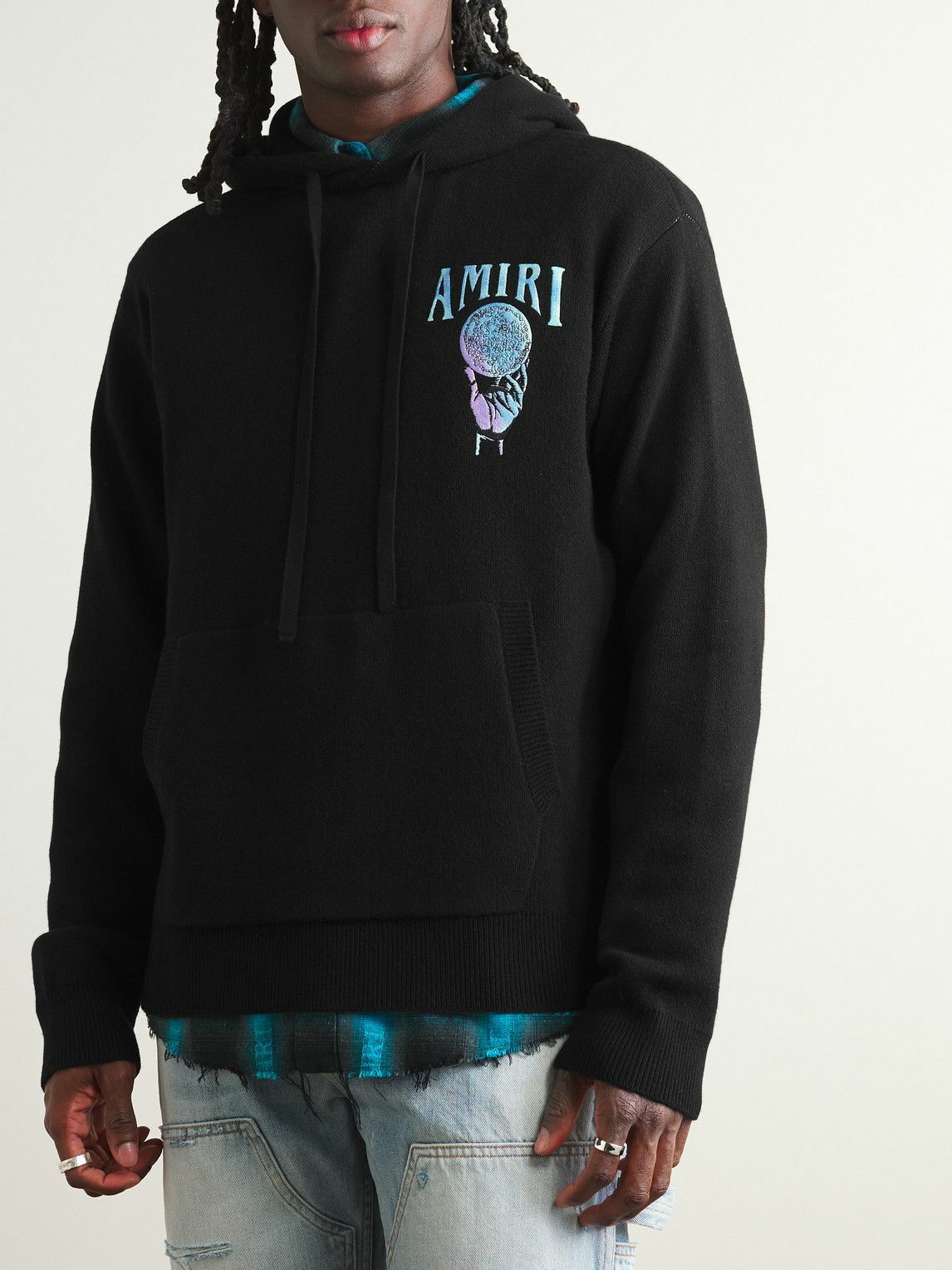 関税込 AMIRI ロゴ Crystal Ball カシミア混 パーカー ニット AMIRI - Crystal Ball Logo-Embroidered Intarsia Cashmere