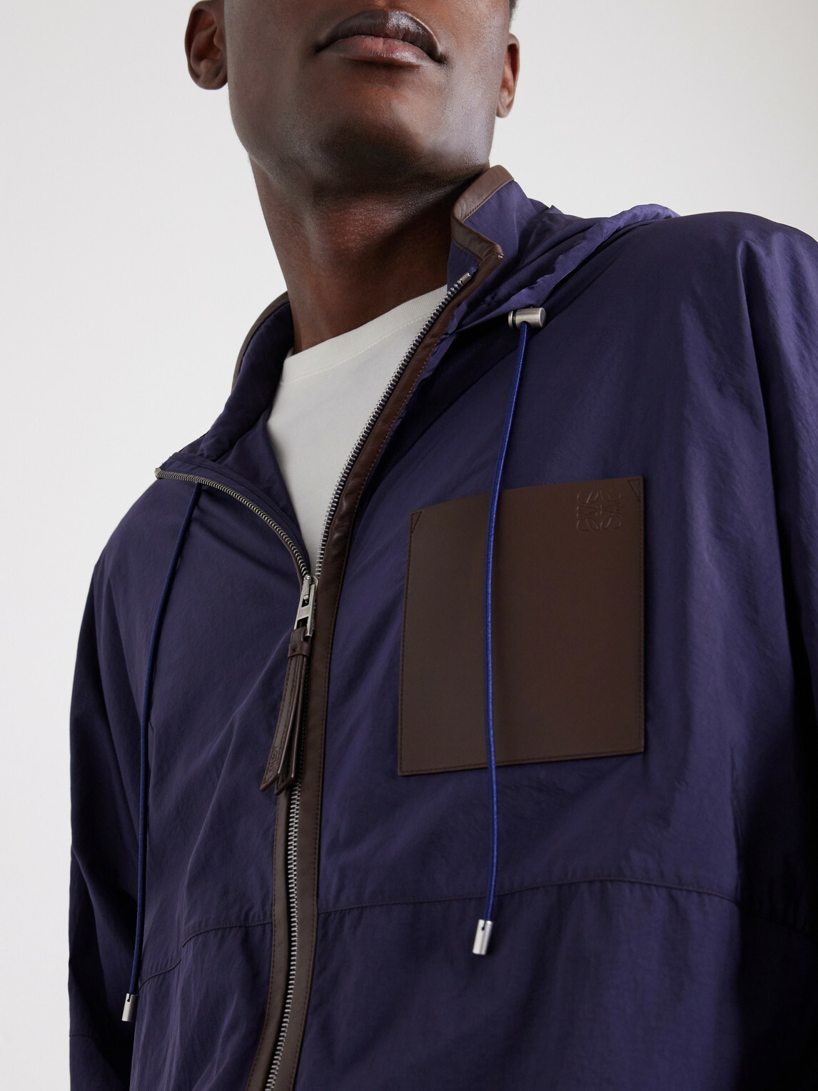LOEWE - Paula's Ibiza Logo-Debossed Leather-Trimmed Ripstop Hooded Jacket - Blue