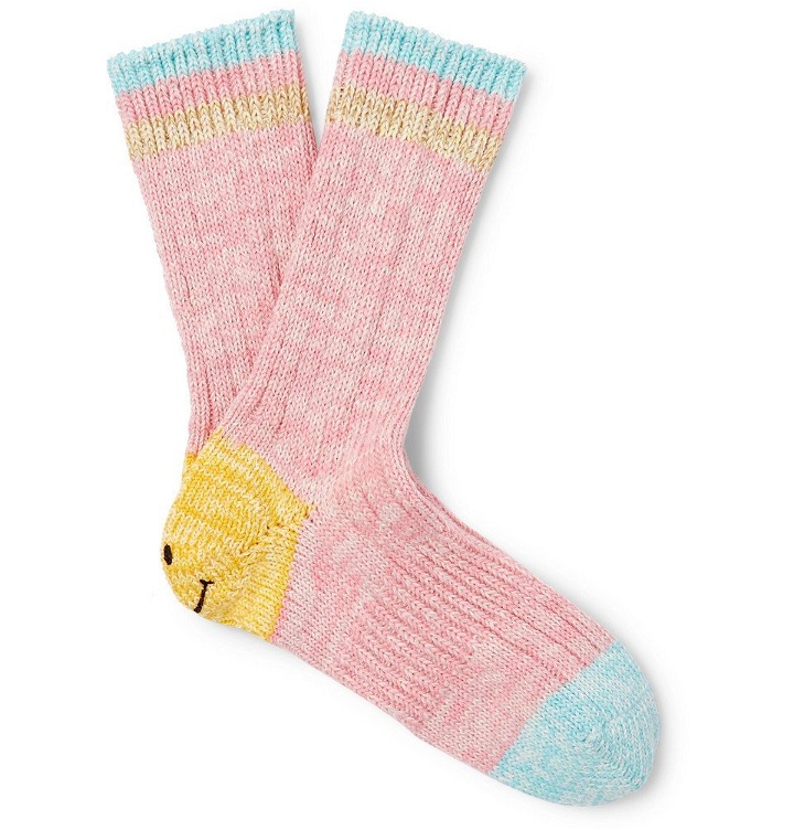 Photo: KAPITAL - Smiley Striped Cotton and Hemp-Blend Socks - Pink