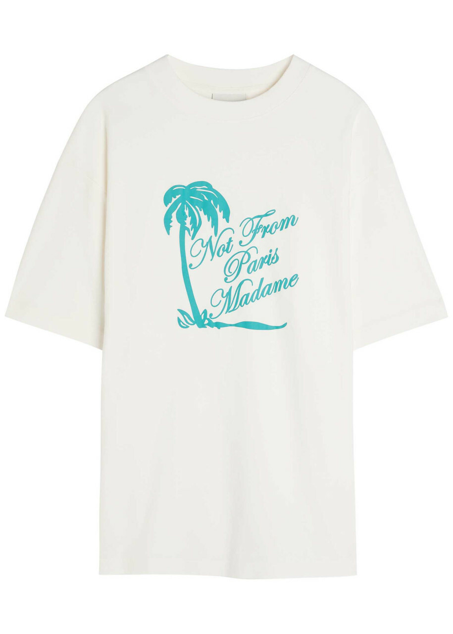 DRÔLE DE Monsieur Slogan Palmiers Printed Cotton T-shirt Off White