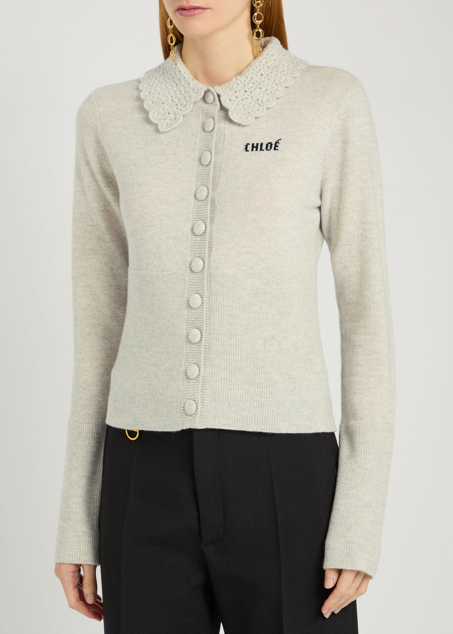 Chloe Logo Intarsia Wool Cardigan Light Grey